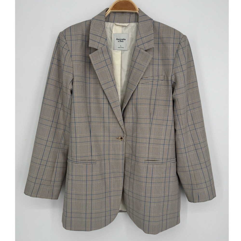 Abercrombie & Fitch Nipped Waist Suiting Blazer Large Tan Plaid Office Preppy